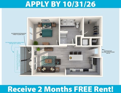 Floor plan for 1 bed, 1 bath, 749 sqft